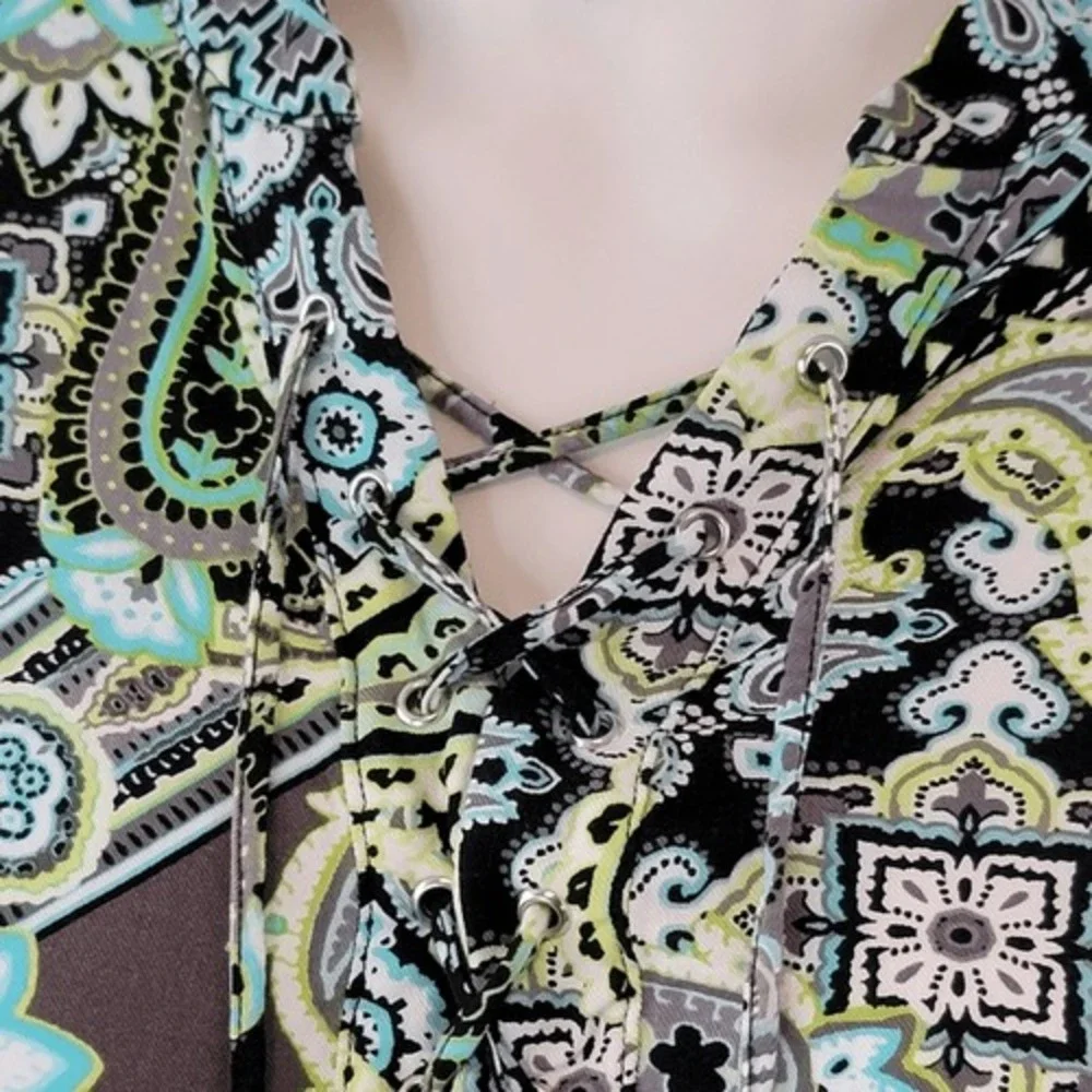 Ruby Rd. Multi Color Lace Up Front Top - Picture 3 of 11